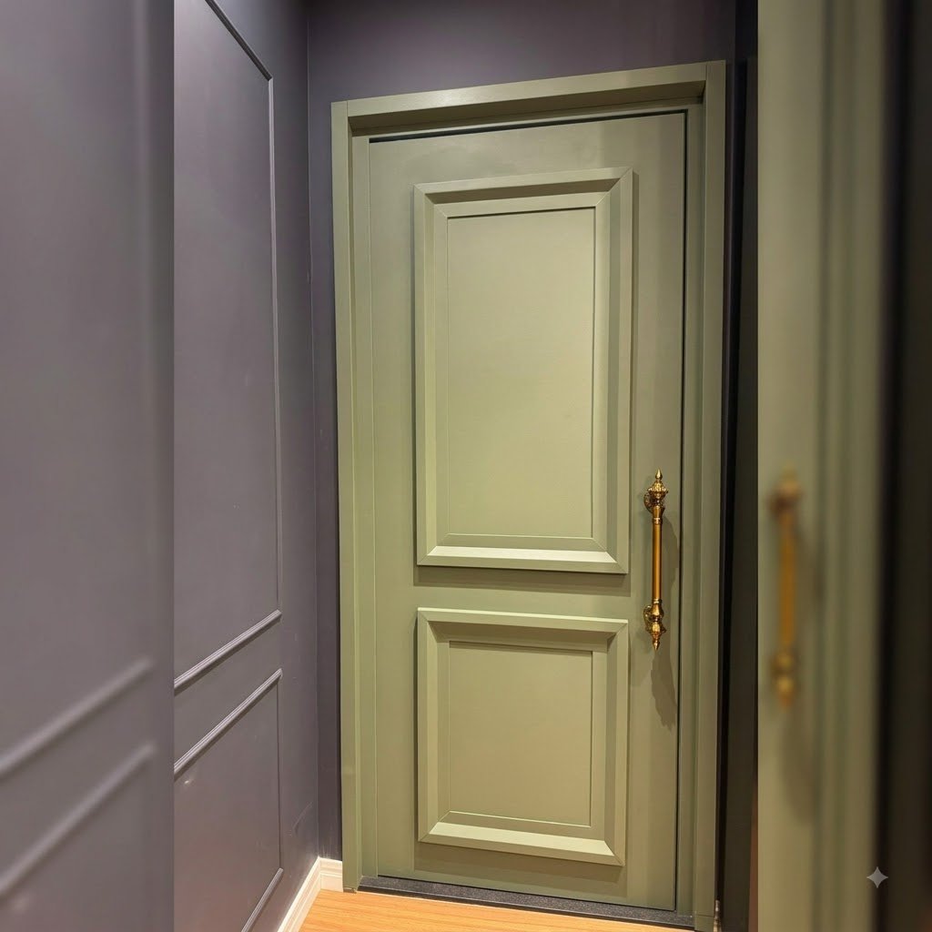 Porta em ACM verde acabamento neoclássico